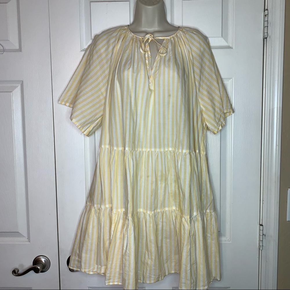 H&M Light Yellow White Striped Dress Short Sleeve